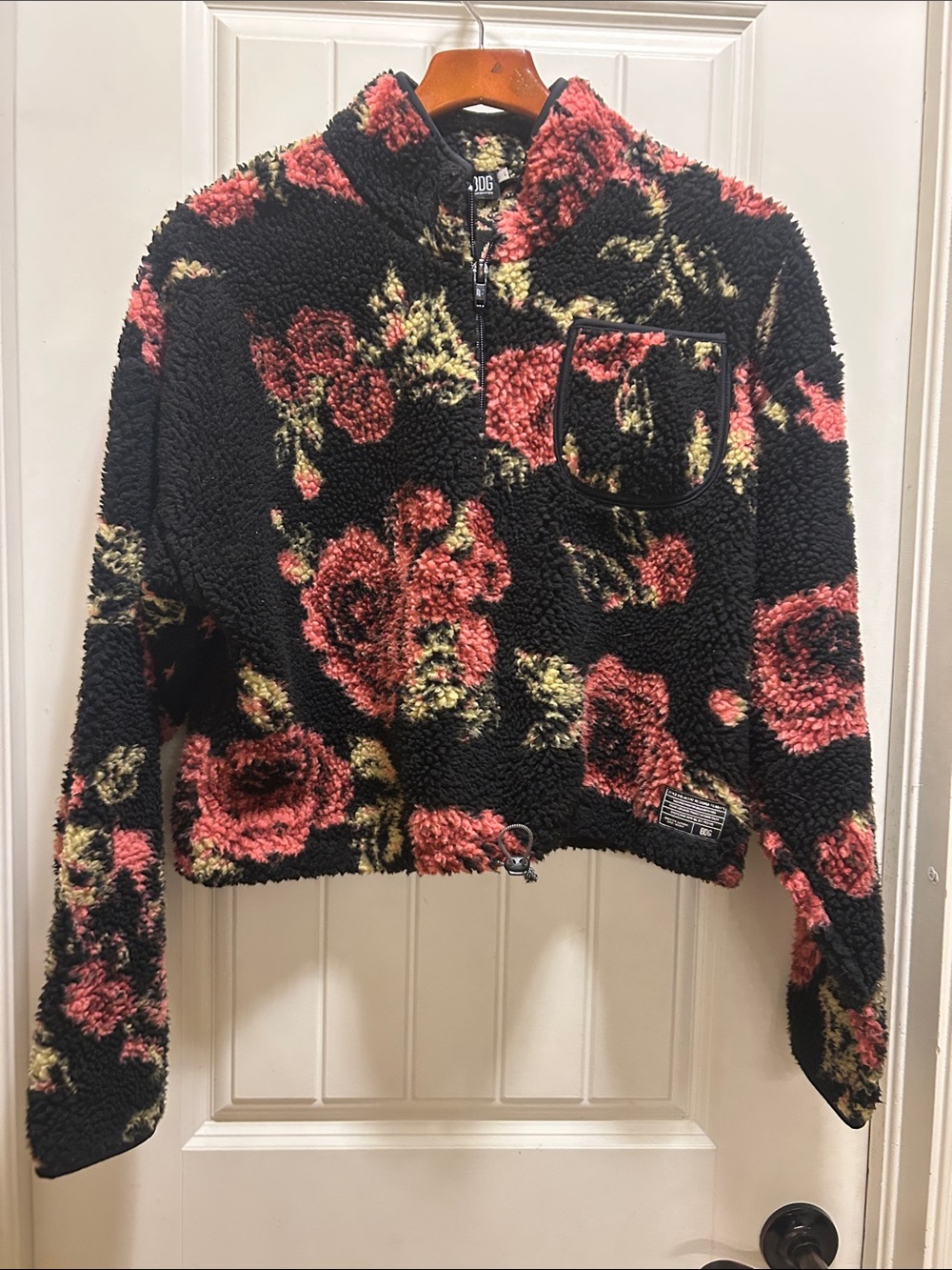 Urban Outfitters Black Sherpa Jacket with Pink rose Floral Print